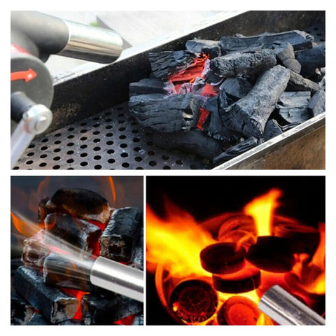 Hand Cranked Portable BBQ Fan and Campfire Bellows to Amp Up Yard Flames Fast With Durable Metal Body in use to ignite coals.