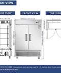 Heavy Duty 54 Inch Commercial Upright Refrigerator With Dual Solid Doors And 42 Cubic Feet Capacity stainless steel design with dimensions.