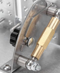 Close-up of Jiawu Adjustable Belt Grinder Sharpener Jig For Blade Sharpening with CNC aluminum frame and brass adjustment knob.