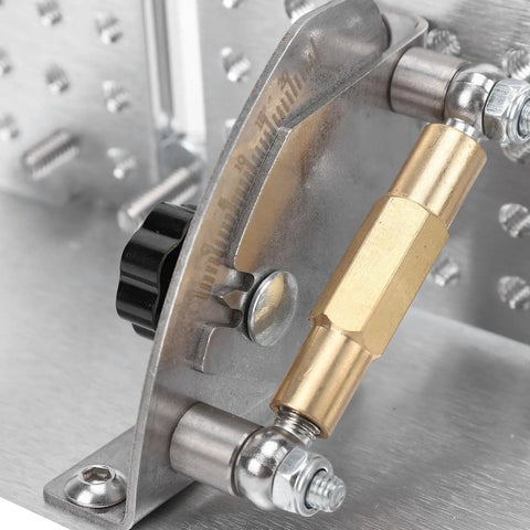 Close-up of Jiawu Adjustable Belt Grinder Sharpener Jig For Blade Sharpening with CNC aluminum frame and brass adjustment knob.