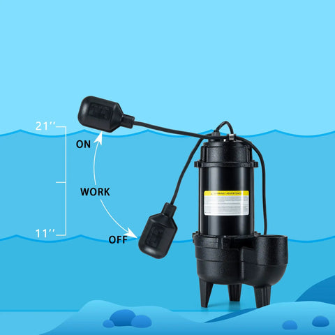 Beefy Half HP Cast Iron Submersible Sewage Pump With 2 Inch Discharge 6000 GPH Flow shown in water with float switches