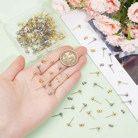 Hypoallergenic Stainless Steel Ball Earring Posts Kit With 100 Ball Posts And 100 Ear Nuts Two Color Stainless Steel Earring Posts Includes Butterfly Backs And Loop Connectors For Jewelry Making DIY, gold and silver studs on hand