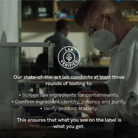Lab technician in protective gear testing supplements for quality assurance in a lab setting with text overlay on testing procedures.