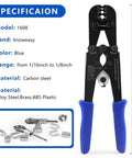 Front view of Handy Two In One Wire Rope Crimping And Cutting Tool and accessories with size, material, and color details.