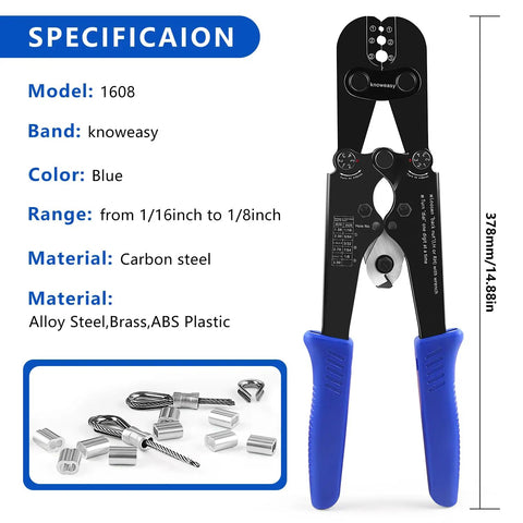 Front view of Handy Two In One Wire Rope Crimping And Cutting Tool and accessories with size, material, and color details.