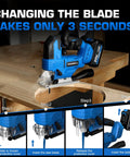 20V Brushless Cordless Jig Saw With 4.0Ah Battery, displaying blade change steps on a woodworking bench