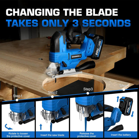 20V Brushless Cordless Jig Saw With 4.0Ah Battery, displaying blade change steps on a woodworking bench