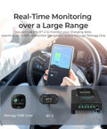 Person in car using smartphone for real-time monitoring with 20 Amp No Fuss MPPT Solar Charge Controller for 12V 24V Systems