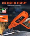 Close-up of ARC Handheld Welder 110V IGBT Inverter with digital display, highlighting its 120A output and portability for DIY projects.