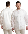 Front and back view of Unisex Hip Length Lab Coat With Three Pockets, Soft Knit Cuffs And Collar, Disposable Medical Jacket For Hospitals And Labs, White, Small.