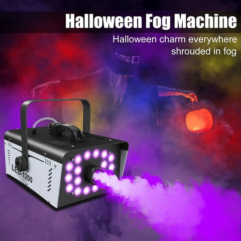 Powerful 1200W Fog Machine With 18 Bright LED Lights And Remote for indoor or outdoor parties and Halloween decor, showing LED effect