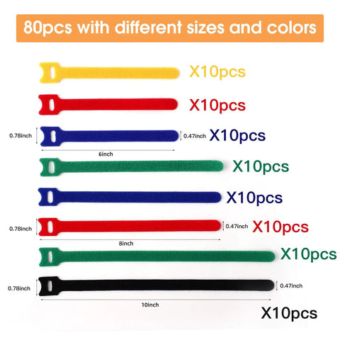 80 Pcs Reusable Cable Ties Set With 6 8 10 Inch Adjustable Wire Ties Hook And Loop Straps Multicolor Pack in 5 Colors