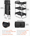 Foldable Utility Service Cart With 3 Shelves Heavy Duty Plastic Rolling Cart Holds 165 Lbs, 360° Swivel Wheels, Ergonomic Handle