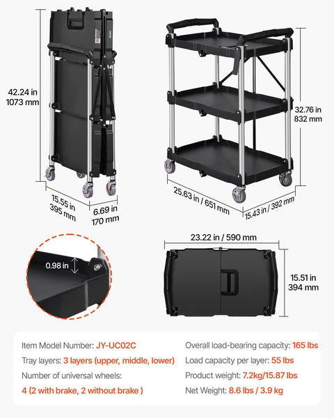 Foldable Utility Service Cart With 3 Shelves Heavy Duty Plastic Rolling Cart Holds 165 Lbs, 360° Swivel Wheels, Ergonomic Handle