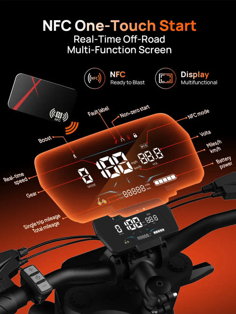 LCD display and NFC start on Beast 1500W Electric Dirt Bike With 48V 20Ah Battery, Full Disc Brakes And Suspensions, 32 MPH top speed