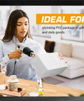 Woman using Heavy Duty 1500W Heat Gun Kit to shrink PVC package. Ideal for crafts shrink tubing epoxy resin vinyl wraps soldering.