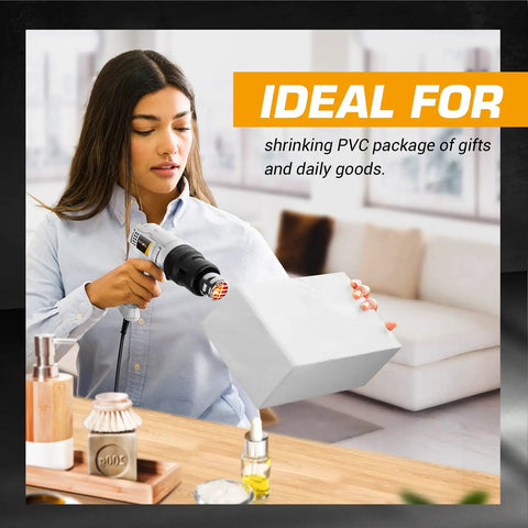 Woman using Heavy Duty 1500W Heat Gun Kit to shrink PVC package. Ideal for crafts shrink tubing epoxy resin vinyl wraps soldering.