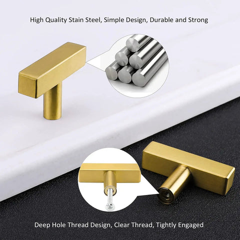 Gold Finish Square Bar Cabinet Knob Set 25 Pack Built To Last Brass Coated Stainless Steel Hardware with thread and design details