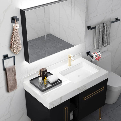 Bathroom with Matte Black Stainless Steel 4 Piece Bathroom Set Dope Finish Towel Bar Towel Rack Towel Holder And Toilet Paper Holder 23.6 Inch Rustproof SUS304 Bath Hardware For Modern Homes.