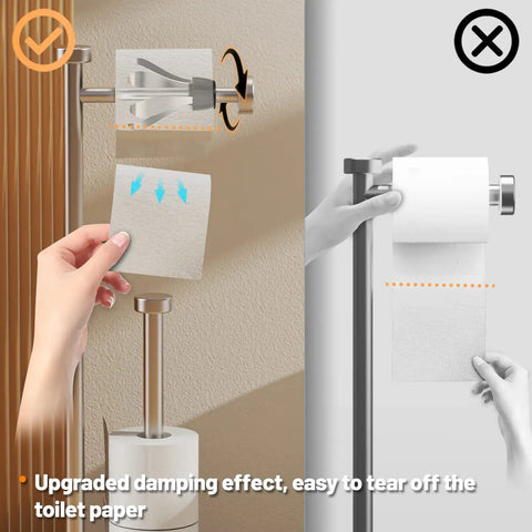 One Hand Tear Free Damping Toilet Paper Holder Stand With Storage Built In, hand tearing toilet paper; rustproof stainless steel.