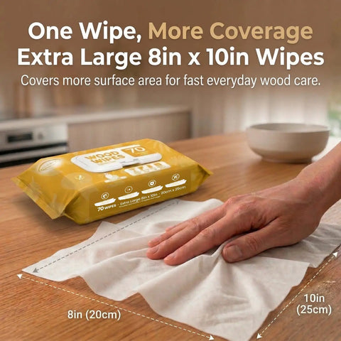 XL Wood Furniture Cleaner Wipes 8X10 Inch 70 Count Cut Through Dust Multi Surface Cleaning Cloths For Kitchen Cabinets Desks And Tables Top Shelf Shine Daily. Hand using wipe on wood surface.