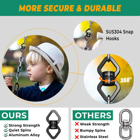 Heavy Duty 30Kn Swivel Carabiner With Legit 360 Degree Spin For Aerial Yoga Routines And Backyard Tree Swing Hooks, child playing on swing.