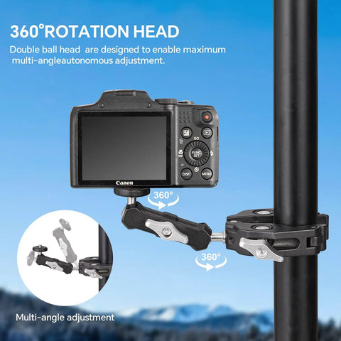Heavy Duty Clamp Mount With 360 Degree Ballhead holding Canon camera on pole