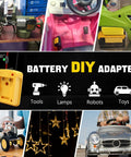 Universal Battery Adapter For 20V And 18V Drill Packs To Power RC Cars, Trucks, And Robotics shown with DIY tools and toys