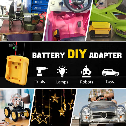 Universal Battery Adapter For 20V And 18V Drill Packs To Power RC Cars, Trucks, And Robotics shown with DIY tools and toys