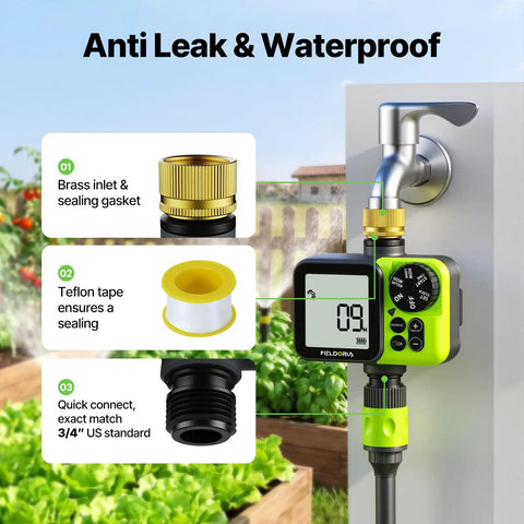 Sprinkler Timer For Garden Hose Programmable Watering Timer With Rain Delay showing digital display and hose connection