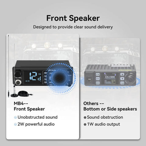 Comparison of MB4 front speaker and others for Long Range DIN Mount CB Radio Kit With NRC Noise Canceling Technology.