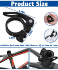Universal 31.8mm Bike Seat Post Clamp Quick Release Aluminum, Ultra Lightweight, shown with measurements and use on bike frame.