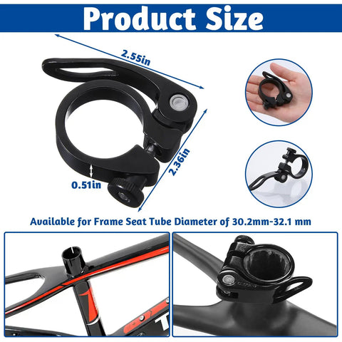 Universal 31.8mm Bike Seat Post Clamp Quick Release Aluminum, Ultra Lightweight, shown with measurements and use on bike frame.