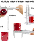 Pro Grade 3 Piece Precision Measurement Set With Vernier Caliper measuring depth, outside, and step on red object.