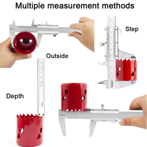Pro Grade 3 Piece Precision Measurement Set With Vernier Caliper measuring depth, outside, and step on red object.