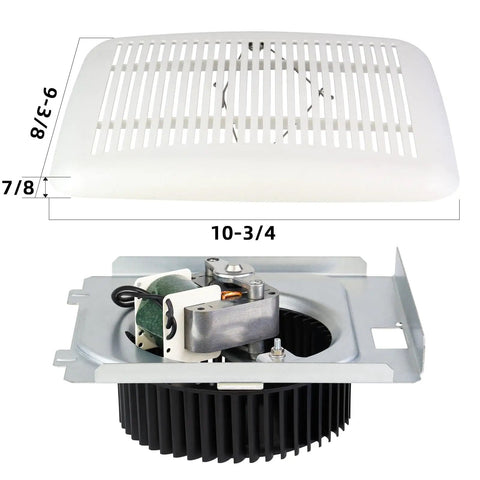 BKR60 Bath Fan Upgrade Kit With Replacement Motor And Grille For Series 696NR02 showing motor and white grille dimensions