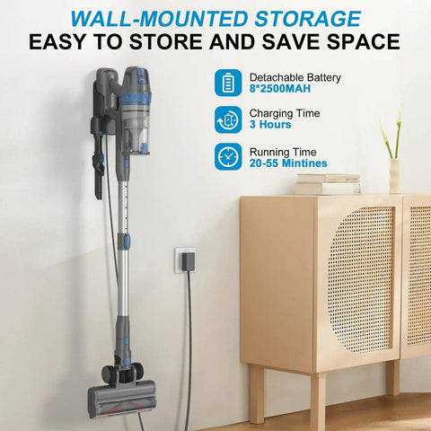 Cordless Vacuum Cleaner With 38KPa Suction And 450W Brushless Motor wall-mounted in a living room setting
