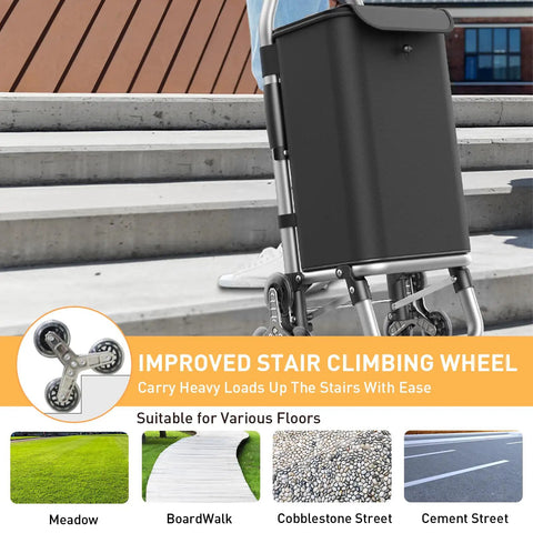 Heavy Duty 3 In 1 Shopping Cart Foldable Hand Truck with 6 Wheels climbing stairs, showcasing stair climber feature.