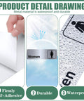 Two Pack Aluminum Restroom Signs For Men And Women Self Adhesive Metal Bathroom Door Wall Signage For Offices Restaurants Public Places 9 By 3 Inches Silvery Finish Easy Mount detail showing waterproof and adhesive features