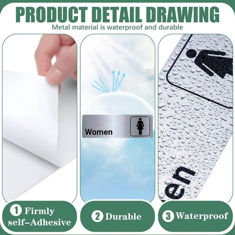 Two Pack Aluminum Restroom Signs For Men And Women Self Adhesive Metal Bathroom Door Wall Signage For Offices Restaurants Public Places 9 By 3 Inches Silvery Finish Easy Mount detail showing waterproof and adhesive features