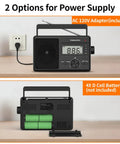 Go-To Portable AM FM SW Radio With AC DC Power ATS Auto Scan LCD Clock Display USB And SD Card MP3 Player Headphone Jack All-In-One showing power options with AC adapter and battery slots