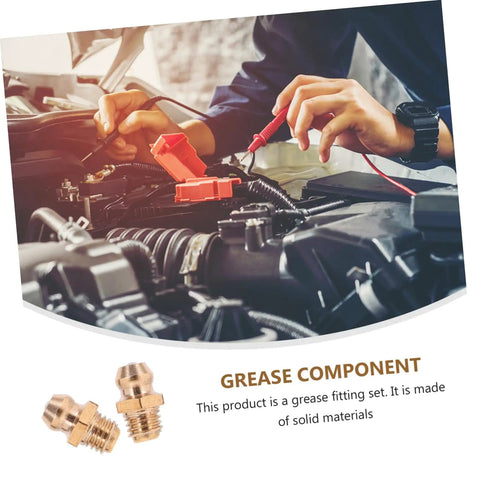 Mechanic using grease zerk fitting assortment kit with angled nozzles SAE brass tips on car engine; 25 piece multi use set