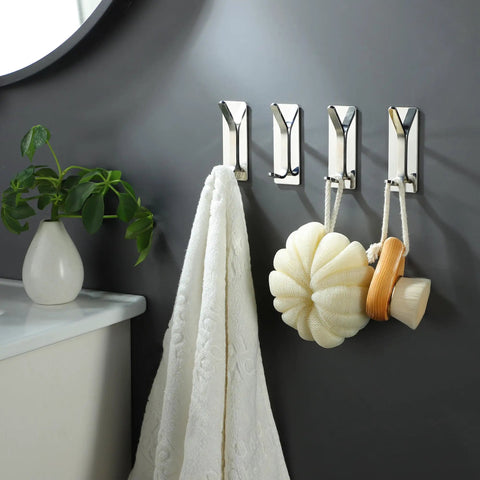 Rustproof Self Adhesive Towel Hooks Set Six Pack for Bathrooms and More No Drill Stick On Stainless Steel Robe Hooks Towel Hanger for Towels Coats Robes Keys