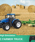 Blue Remote Control Farm Tractor Truck with Two Rechargeable Batteries and Realistic Cab Lights, fields with hay bales, RC remote