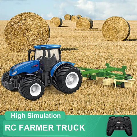 Blue Remote Control Farm Tractor Truck with Two Rechargeable Batteries and Realistic Cab Lights, fields with hay bales, RC remote