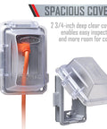 Extra Duty Weatherproof In-Use 1-Gang Outlet Cover For Outdoor Electrical Boxes Horizontal Or Vertical 16-In-1 Standard Nonmetallic Clear Cover 2.75-Inch Easy Install showing open and closed views with orange cord