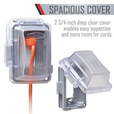 Extra Duty Weatherproof In-Use 1-Gang Outlet Cover For Outdoor Electrical Boxes Horizontal Or Vertical 16-In-1 Standard Nonmetallic Clear Cover 2.75-Inch Easy Install showing open and closed views with orange cord