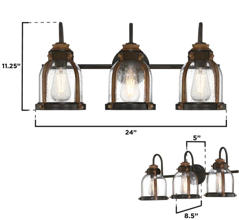 Vintage Style Three Light Indoor Vanity Light Fixture In Oil Rubbed Bronze With Barnwood Accents And Hand Blown Clear Seeded Glass for hallway