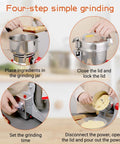Heavy Duty 1800W Electric Grain Mill Grinder With 36000 Rpm High Speed Motor And 800g Stainless Steel Capacity, step by step grinding process.