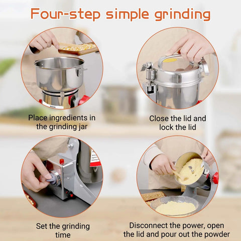 Heavy Duty 1800W Electric Grain Mill Grinder With 36000 Rpm High Speed Motor And 800g Stainless Steel Capacity, step by step grinding process.